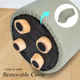 Fabric Ottoman Round Wooden Leg Foot Stool - GREY - Close-Up Angle