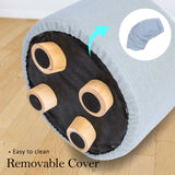 Fabric Ottoman Round Wooden Leg Foot Stool - LIGHT BLUE - Close-Up Angle