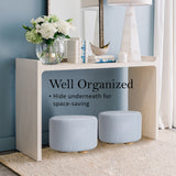 2X Fabric Ottoman Round Wooden Leg Foot Stool - LIGHT BLUE - Low Angle