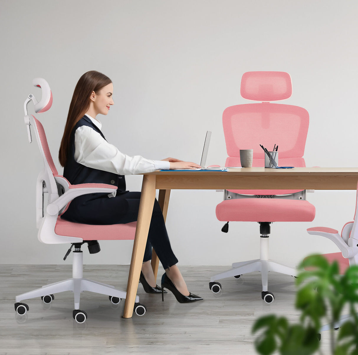 Work Office Chair - Lumber Support Flip-up Armrest Adjustable Headrest SITIO - Pink