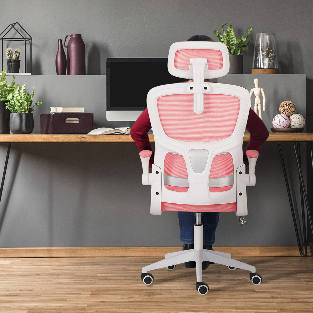 Work Office Chair - Lumber Support Flip-up Armrest Adjustable Headrest SITIO - Pink