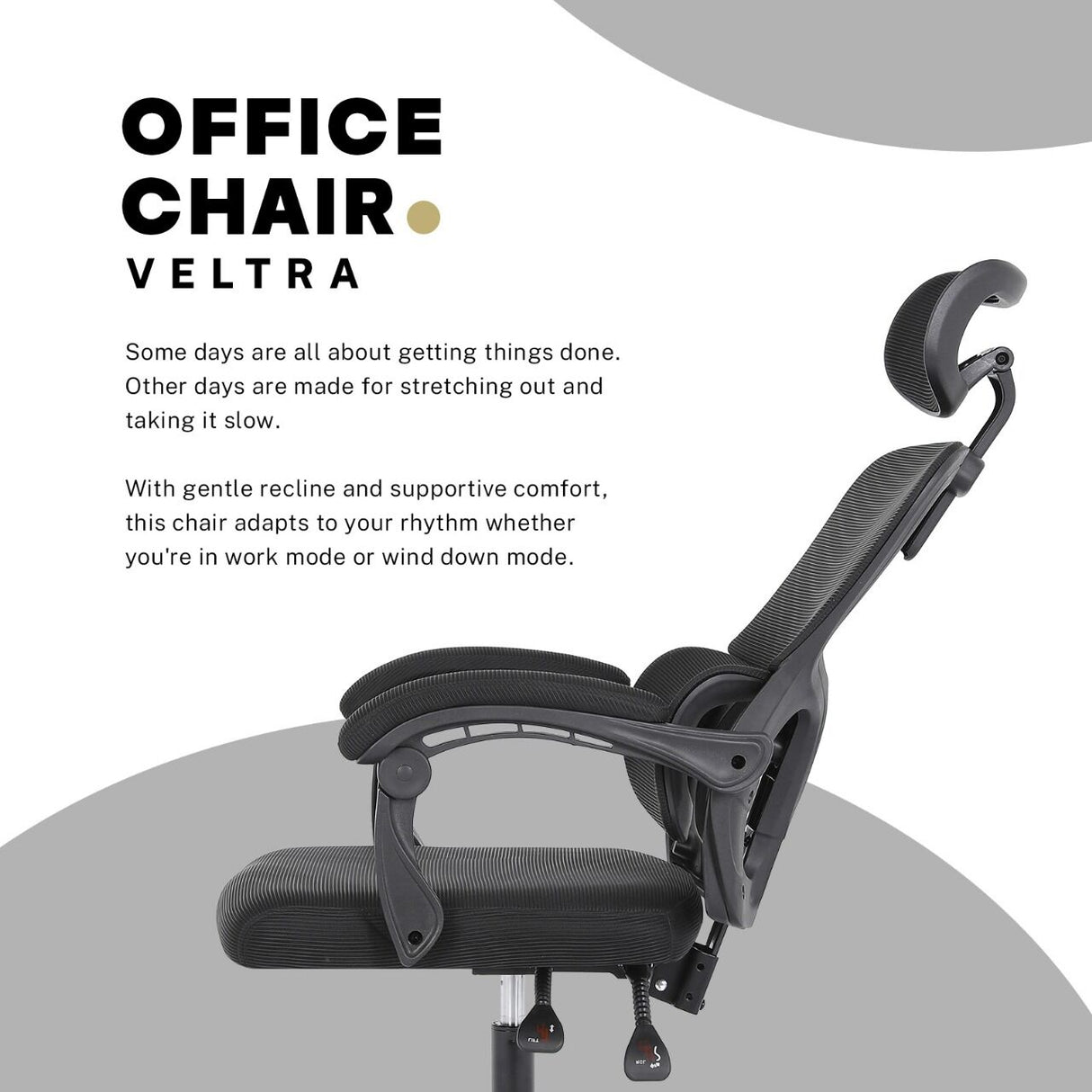 Ergonomic Reclining Office Chair - Lumbar Support Adjustable Headrest VELTRA - BLACK