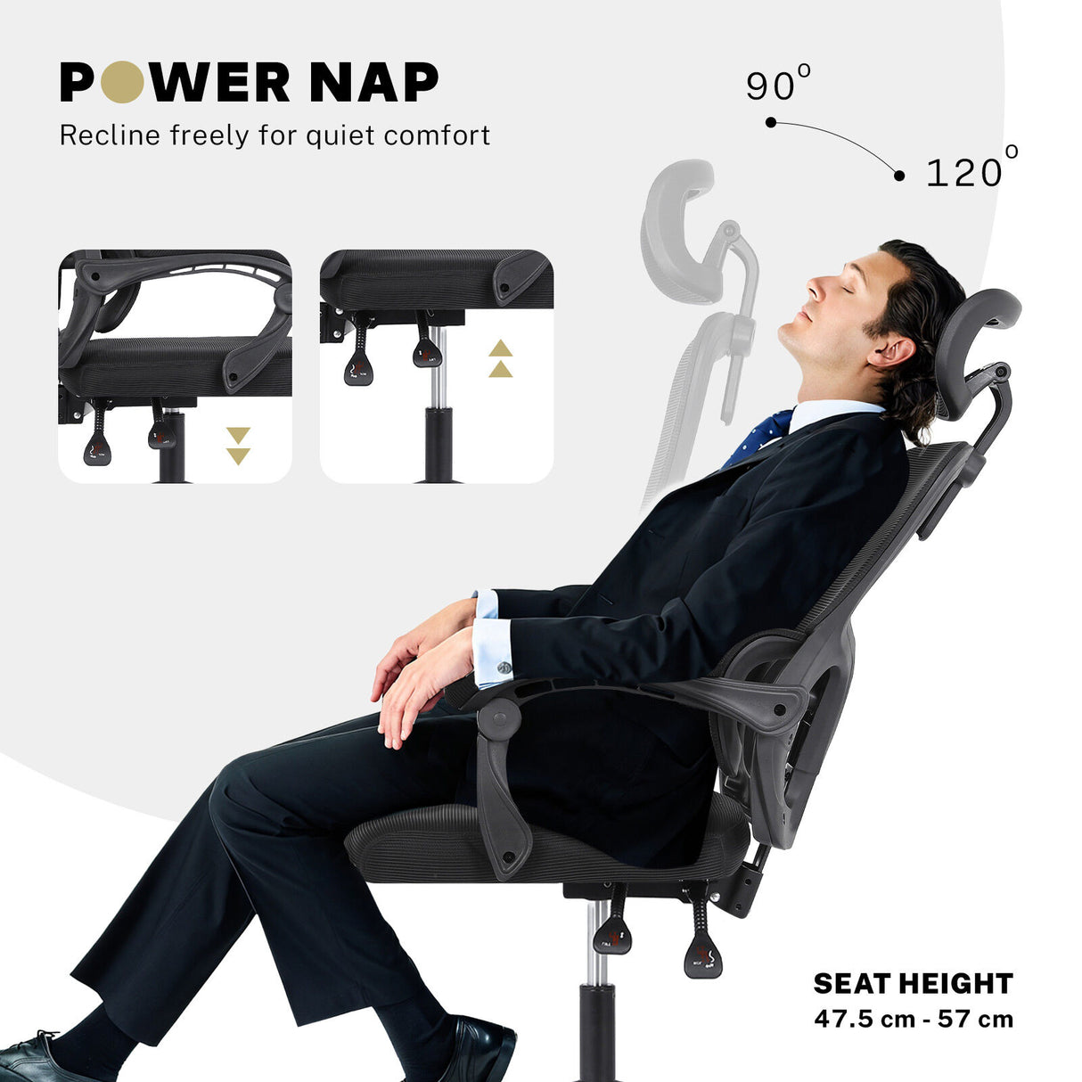 Ergonomic Reclining Office Chair - Lumbar Support Adjustable Headrest VELTRA - BLACK