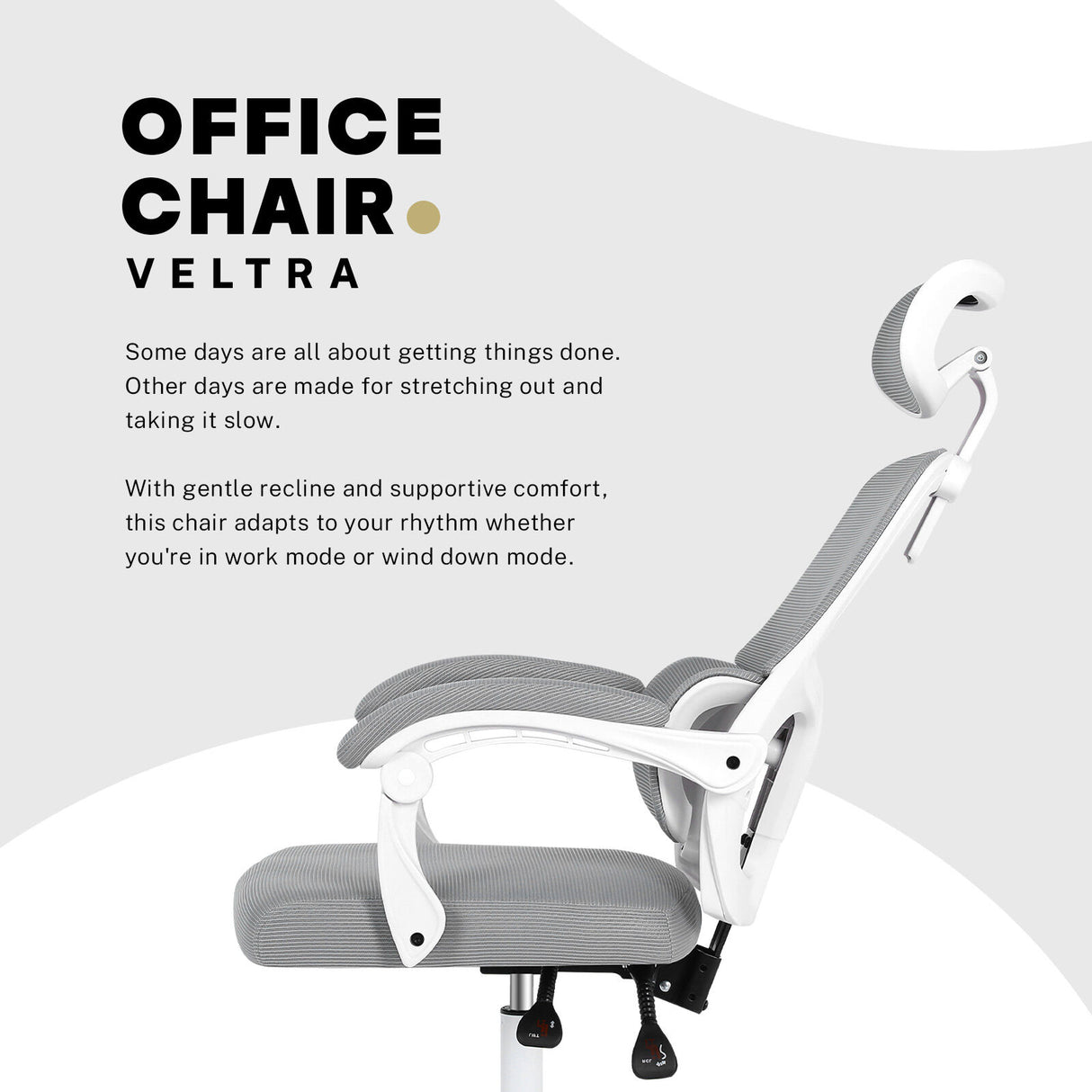 Ergonomic Reclining Office Chair - Lumbar Support Adjustable Headrest VELTRA - GREY