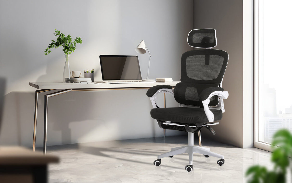Ergonomic Reclining Office Chair - Footrest Lumbar Support Adjustable Headrest VELTRA - BLACK