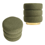 2X Round Stacked Ottoman Stool Teddy Fleece Fabric Foot Rest 38cm GREEN - Front View