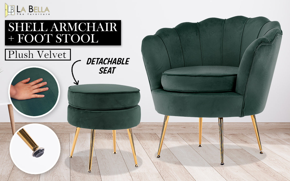 Armchair Lounge Chair Accent Velvet Shell Scallop  Ottoman Footstool Round GREEN