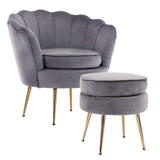 Armchair Lounge Chair Accent Velvet Shell Scallop  Ottoman Footstool Round GREY
