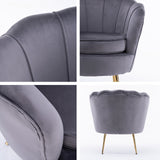 Armchair Lounge Chair Accent Velvet Shell Scallop + Ottoman Footstool Round GREY - Side View