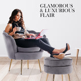 Armchair Lounge Chair Accent Velvet Shell Scallop + Ottoman Footstool Round GREY - Close-Up Angle