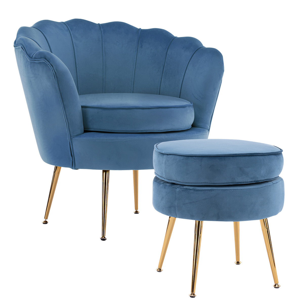 Armchair Lounge Chair Accent Velvet Shell Scallop  Ottoman Footstool Round NAVY BLUE