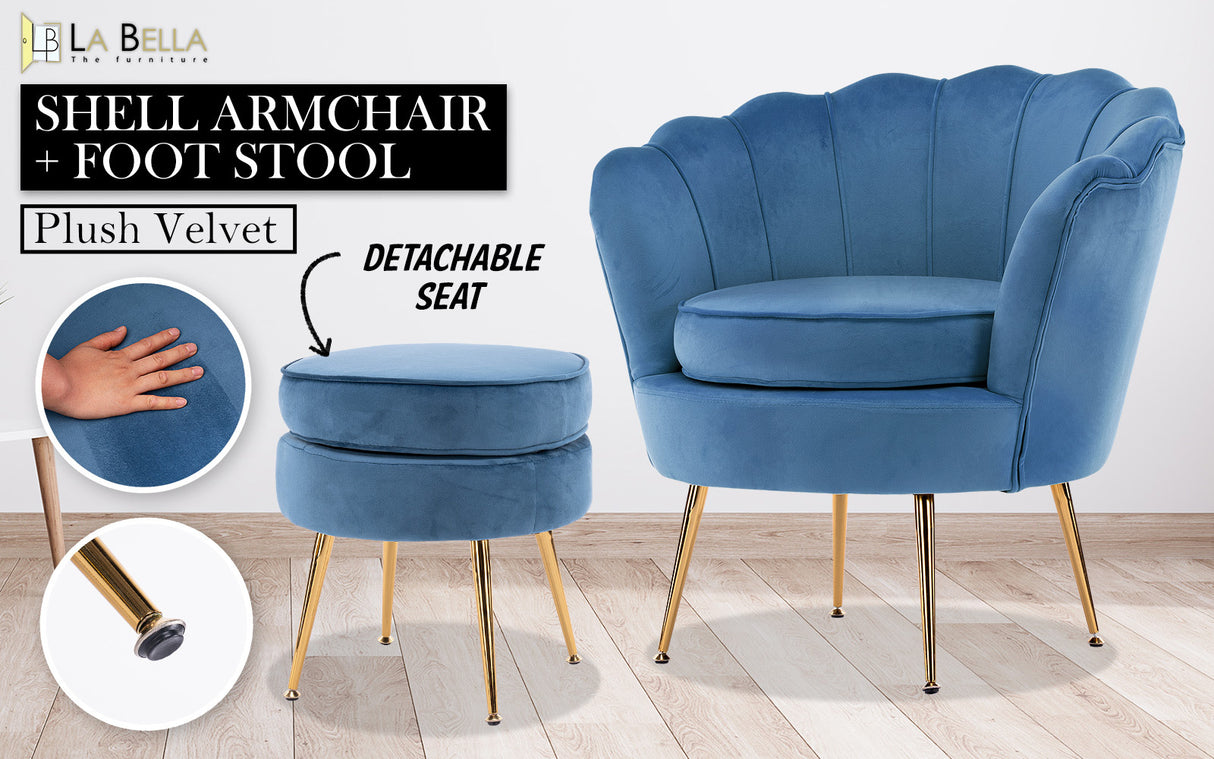 Armchair Lounge Chair Accent Velvet Shell Scallop  Ottoman Footstool Round NAVY BLUE