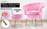 Armchair Lounge Chair Accent Velvet Shell Scallop  Round Ottoman Footstool PINK - Front View