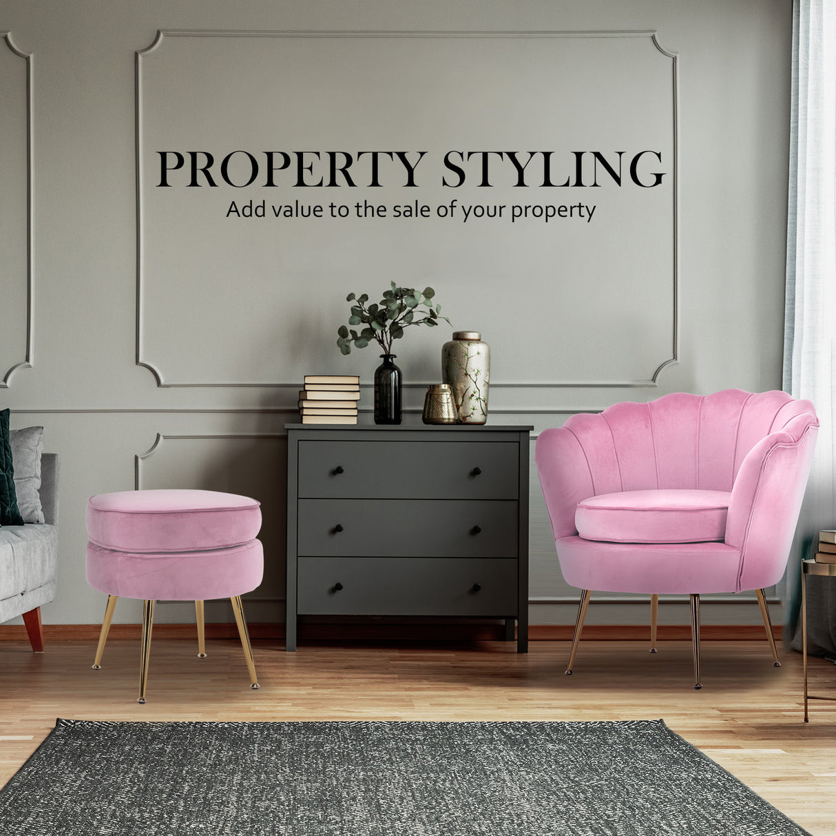 Armchair Lounge Chair Accent Velvet Shell Scallop Round Ottoman Footstool PINK