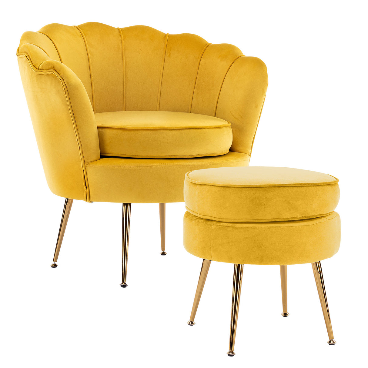 Armchair Lounge Chair Accent Velvet Shell Scallop  Round Ottoman Footstool YELLOW