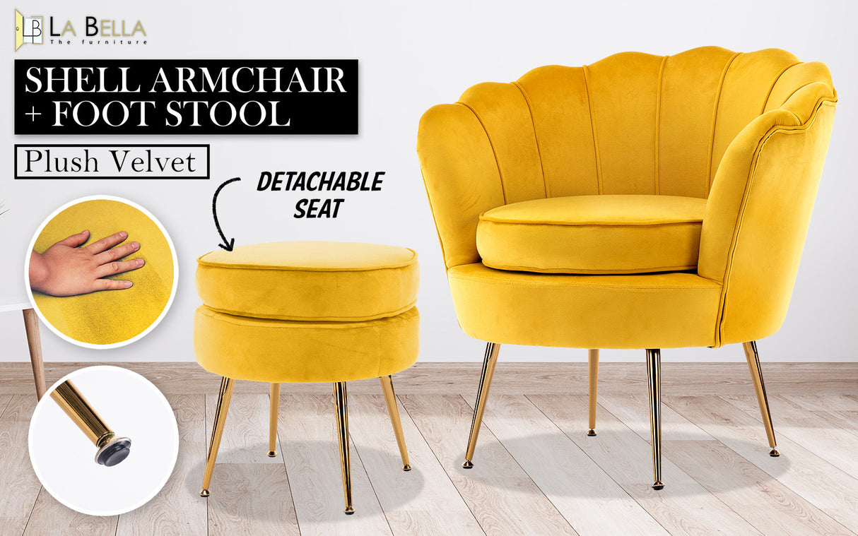 Armchair Lounge Chair Accent Velvet Shell Scallop  Round Ottoman Footstool YELLOW