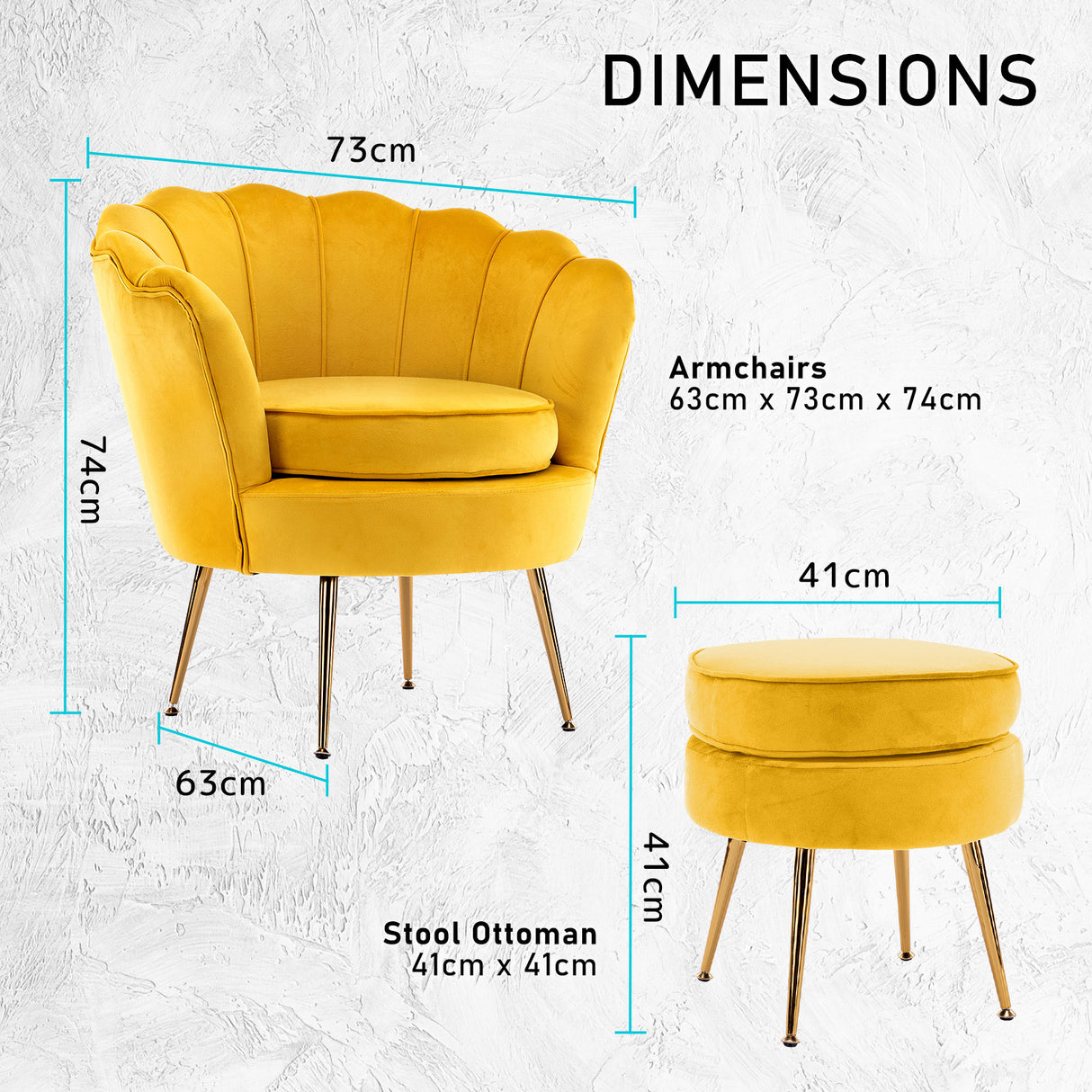 Armchair Lounge Chair Accent Velvet Shell Scallop  Round Ottoman Footstool YELLOW