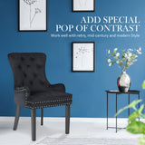 2X French Provincial Dining Chair Ring Studded Velvet Rubberwood Leg LISSE BLACK - Side View