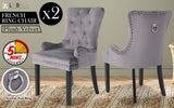 2X French Provincial Dining Chair Ring Studded Velvet Rubberwood Leg LISSE GREY - Front View
