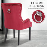 2X French Provincial Dining Chair Ring Studded Velvet Rubberwood Leg LISSE BORDEAUX RED - Low Angle