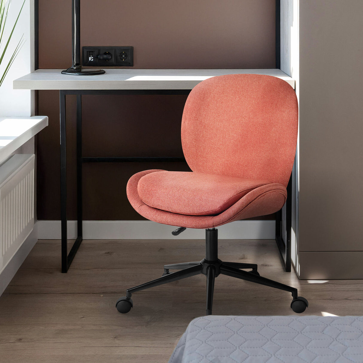 Office Desk Chair - Linen Fabric Armless Swivel Study Seat OVOID EARTHY RED