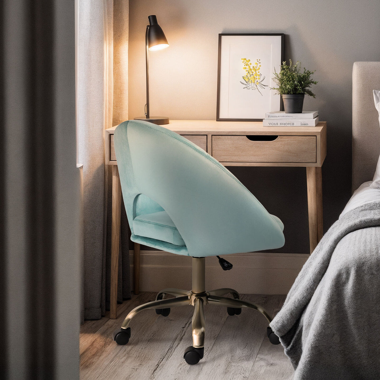 Office Desk Chair - Velvet Home Office Swivel Computer Seat COVE BLUE