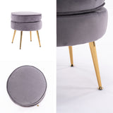 Ottoman Foot Stool Velvet Fabric Metal Leg Round GREY - Side View