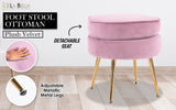 Ottoman Foot Stool Velvet Fabric Metal Leg Round PINK - Front View
