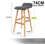 2X Wooden Bar Stool Dining Chair Fabric SOPHIA 74cm GREY