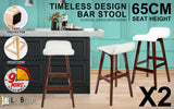 2X Wooden Bar Stool Dining Chair Leather SOPHIA 65cm WHITE BROWN - Front View