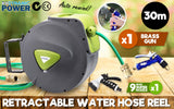 Garden Water Hose Retractable Rewind Reel Wall Mounted 30M + Brass Gun - Front View