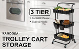 Trolley Cart Storage Utility Rack Shelf Organiser Swivel Kitchen 3 Tier BLACK - Front View