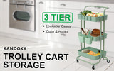 Trolley Cart Storage Utility Rack Shelf Organiser Swivel Kitchen 3 Tier GREEN - Front View