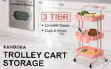 Trolley Cart Storage Utility Rack Shelf Organiser Swivel Kitchen 3 Tier PINK - Front View