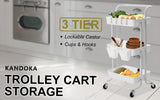 Trolley Cart Storage Utility Rack Shelf Organiser Swivel Kitchen 3 Tier WHITE - Front View