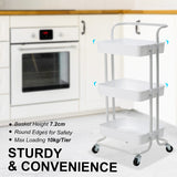Trolley Cart Storage Utility Rack Shelf Organiser Swivel Kitchen 3 Tier WHITE - Side View