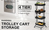 Trolley Cart Storage Utility Rack Shelf Organiser Swivel Kitchen 4 Tier BLACK - Front View