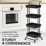 Trolley Cart Storage Utility Rack Shelf Organiser Swivel Kitchen 4 Tier BLACK - Side View