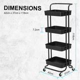 Trolley Cart Storage Utility Rack Shelf Organiser Swivel Kitchen 4 Tier BLACK - Extra Image