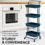 Trolley Cart Storage Utility Rack Shelf Organiser Swivel Kitchen 4 Tier BLUE - Side View
