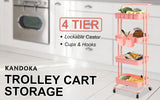 Trolley Cart Storage Utility Rack Shelf Organiser Swivel Kitchen 4 Tier PINK - Front View