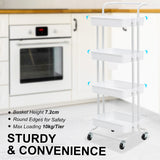 Trolley Cart Storage Utility Rack Shelf Organiser Swivel Kitchen 4 Tier WHITE - Side View