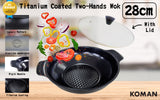 KOMAN Shinewon Two Hands Wok 28cm Ceramic Non-stick Titanium + Glass Lid - BLACK - Front View