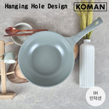 KOMAN Shinewon Vinch IH Wok Wokpan 28cm Non-stick Induction Ceramic + Glass Lid GREY - 45-Degree Angle