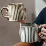 High-Fired Ceramic Stoneware Ribbed Stripe Mug 460ml Matt EARTHY GREY - Side View
