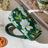 2X High-Fired Ceramic Porcelain Mug with Travel Lid 600ml Vintage Floral GREEN - Front View