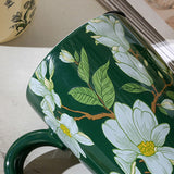 2X High-Fired Ceramic Porcelain Mug with Travel Lid 600ml Vintage Floral GREEN - 45-Degree Angle