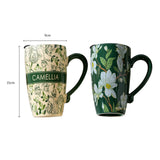 2X High-Fired Ceramic Porcelain Mug with Travel Lid 600ml Vintage Floral GREEN - Low Angle