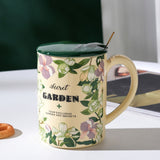 2X High-Fired Ceramic Porcelain Mug Set with Lid 400ml Vintage Floral Tea Spoon GREEN - Front View