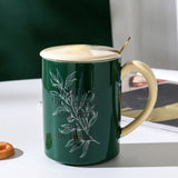 2X High-Fired Ceramic Porcelain Mug Set with Lid 400ml Vintage Floral Tea Spoon GREEN - Side View
